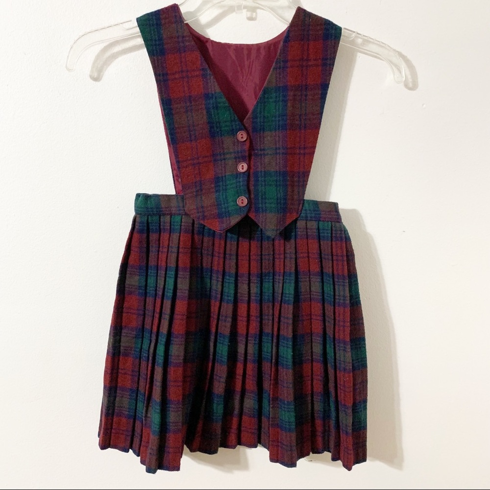 Fringe Wool Blend Plaid Pleated Skirt Vest One Pie
